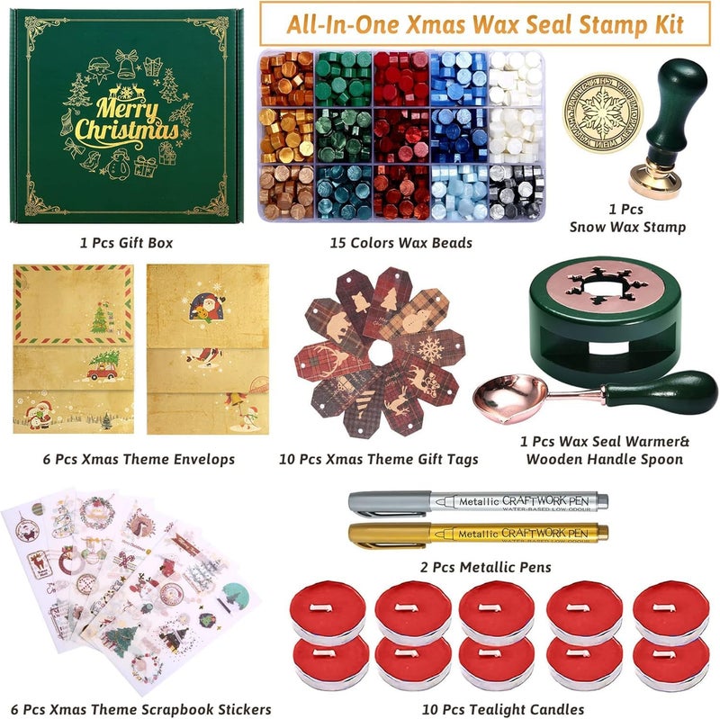 Comealltime Christmas Wax Seal Kit with Snow Sealing Stamp, 25 Colors Sealing Beads Beginner's Set with Warmer, Xmas Washi Stickers, Envelope, Candle, Wax Seal Stamp Kit for Gift and Craft - Image 2
